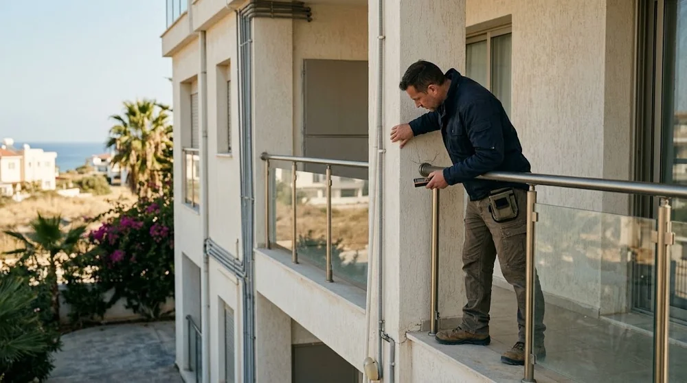 Kontrola balustrady balkonu i elewacji budynku apartamentowego